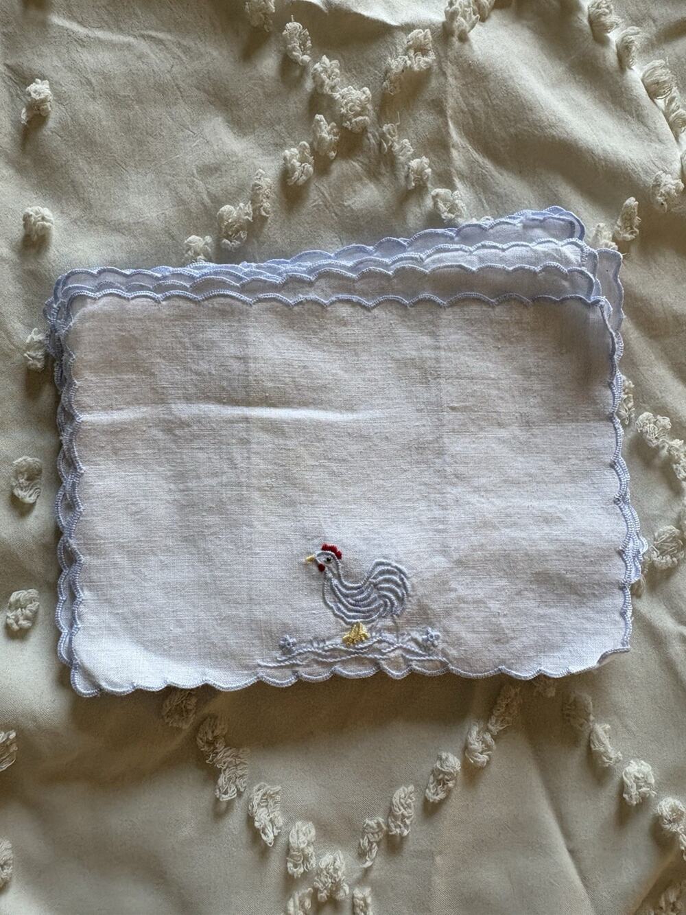 Vintage Rooster Embroidered Linen Handkerchiefs Set of 12 Scalloped